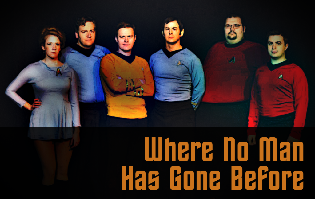 The cast of "Where No Man Has Gone Before" (2014). L to R: Cheryl Platz, Tony Beeman, Nicholas Schell, Doug Willott,  Wayne Pishue, and Colin Madison.