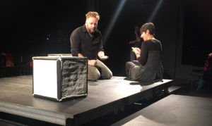 Tony Beeman and Sarah Scheller at tech rehearsal for "Time's Arrow".